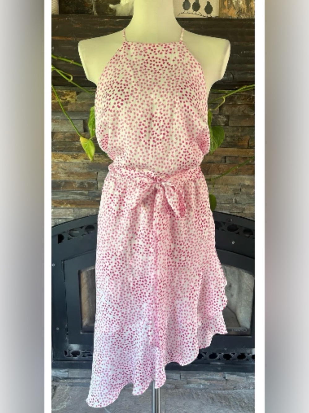 Express Pink and White Polkadot-Print Halter Maxi with Tie Waist